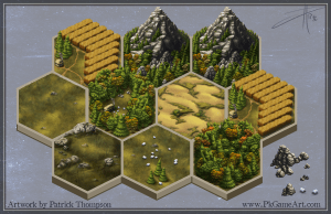 game tile hexagon terrain settler's of catan forest mountain wheat grassland desert art illustration pkgameart isometric
