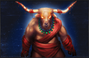 Minotaur tibetan yak god cosmic fire eyes longhorn spirit concept art illustration pkgameart